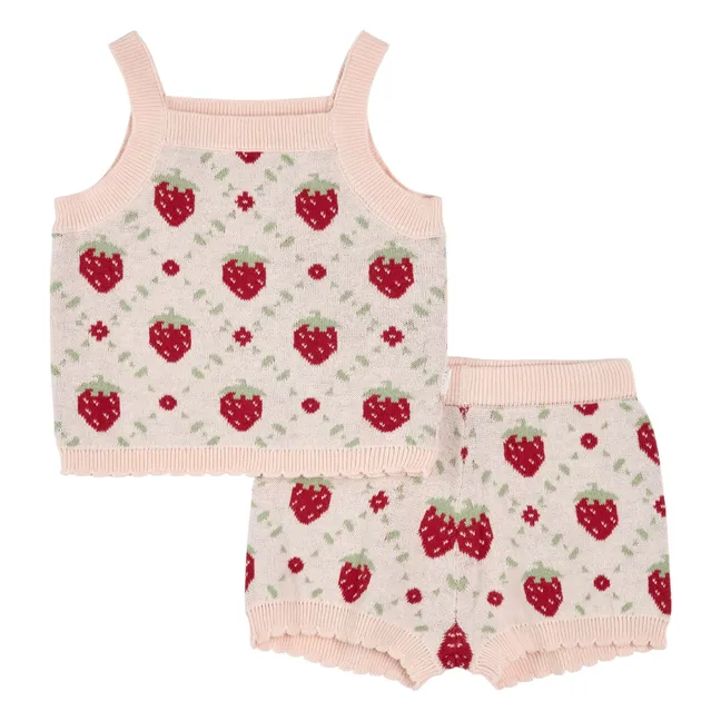 Ensemble Top et Short Fraises Maille Coton Bio | Rose