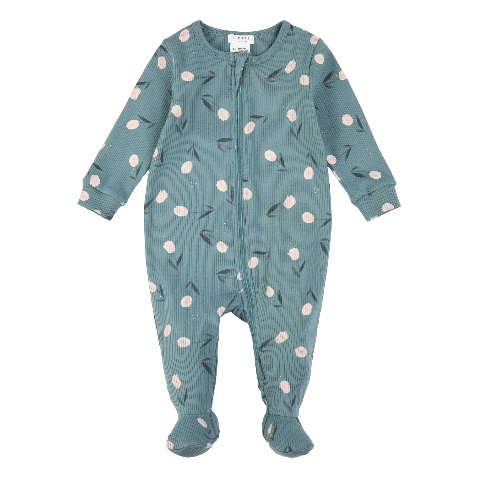 Petit Lem Blue Green Organic Cotton Floral Ribbed Pyjamas With Feet