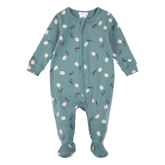 Pyjama avec pieds Fleuri Côtelé Coton Bio | Bleu Vert