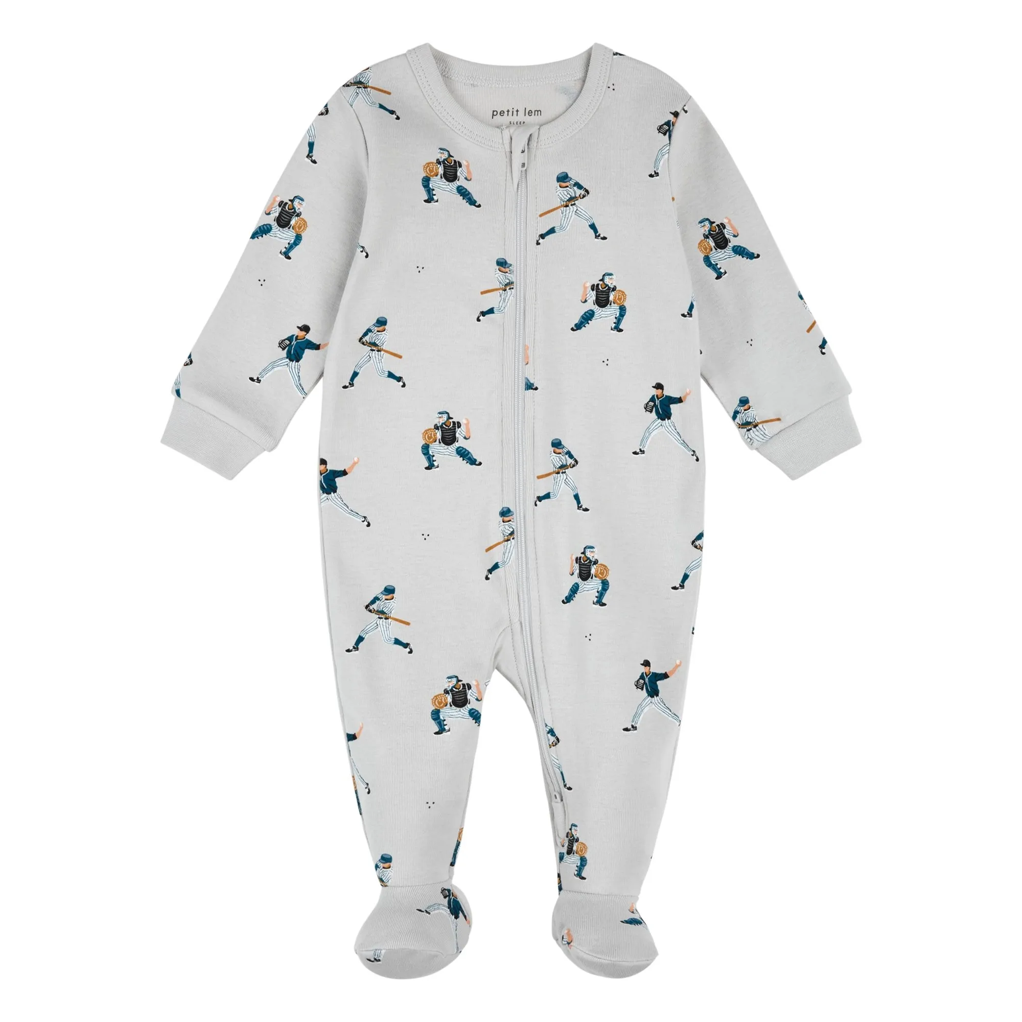 Petit Lem Grey Pyjamas With Feet Baseball Organic Cotton