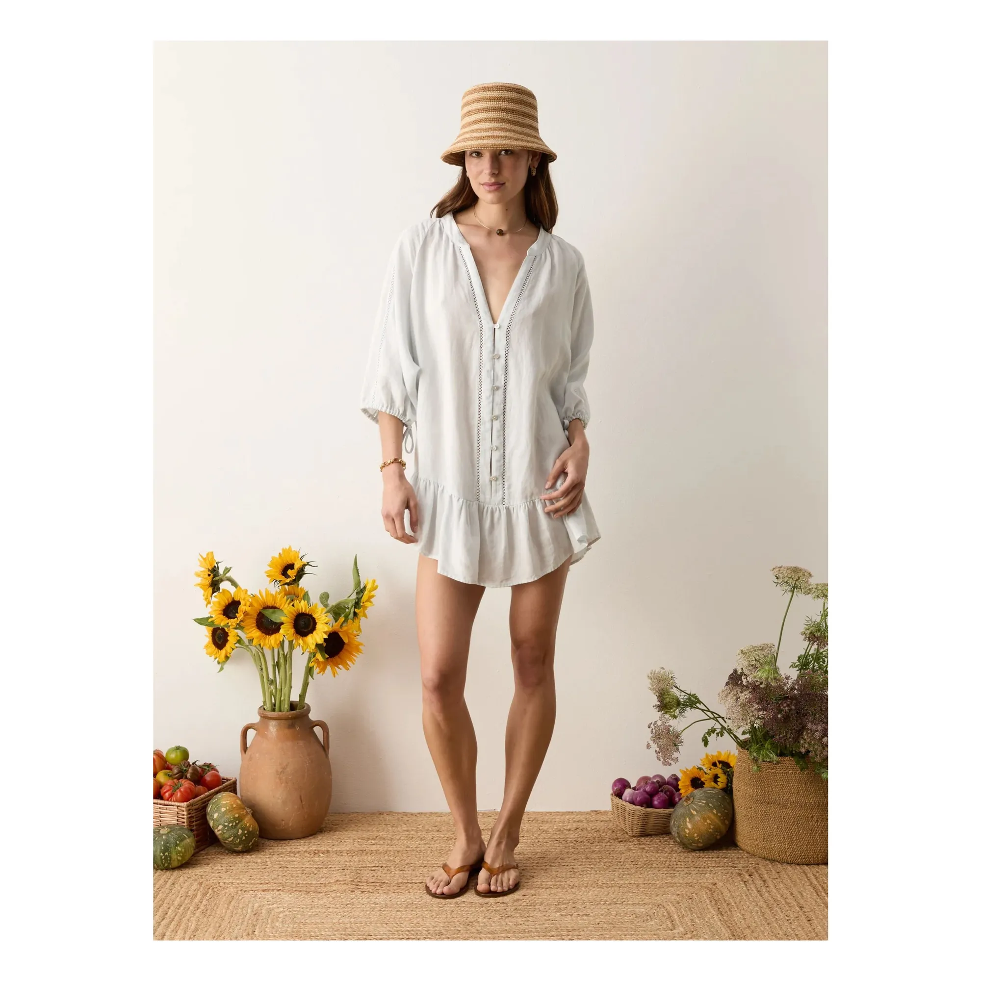 Boteh Light Blue La Ponche Frill Linen And Cotton Dress
