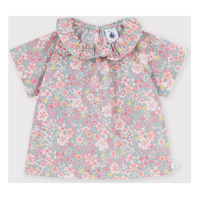 Blouse Collerette Fleurie Coton Bio | Turquoise