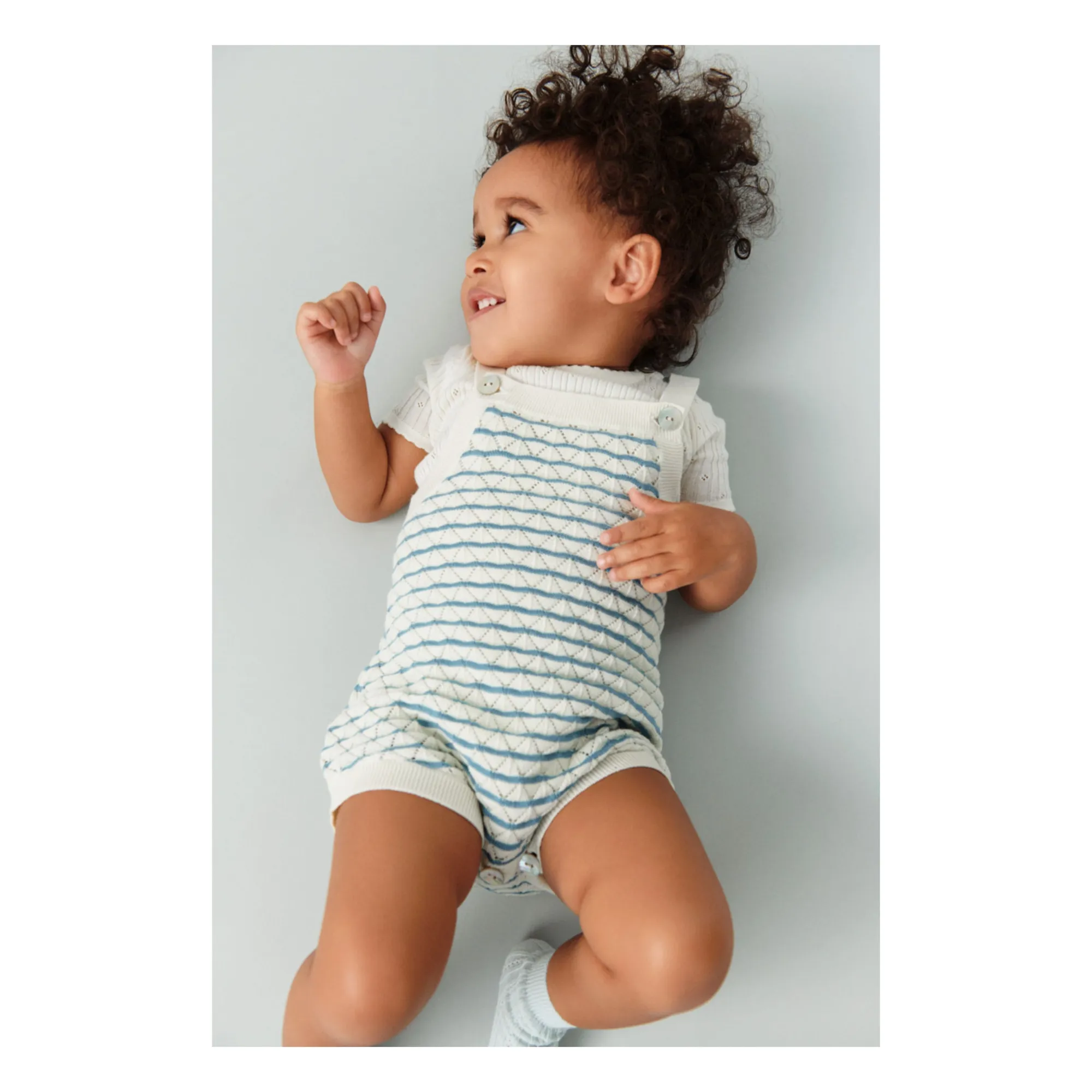 Barboteuse Pointelle Rayée Maille Fine Coton Bio | Bleu azur- Image produit n°2