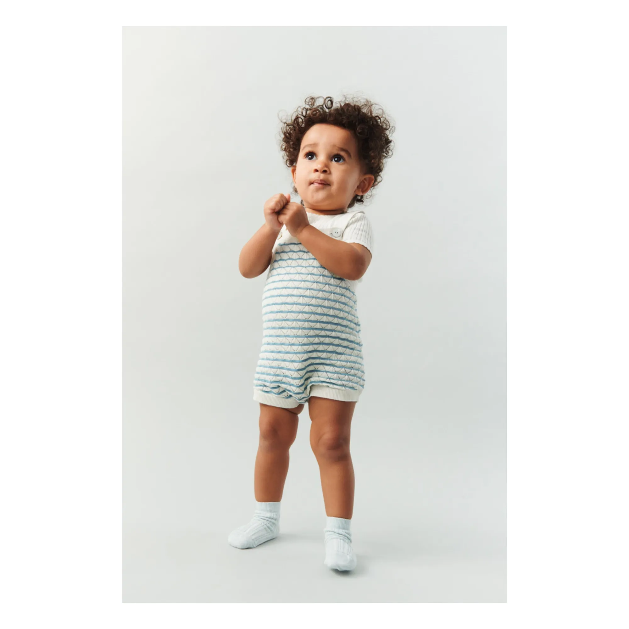 Barboteuse Pointelle Rayée Maille Fine Coton Bio | Bleu azur- Image produit n°1