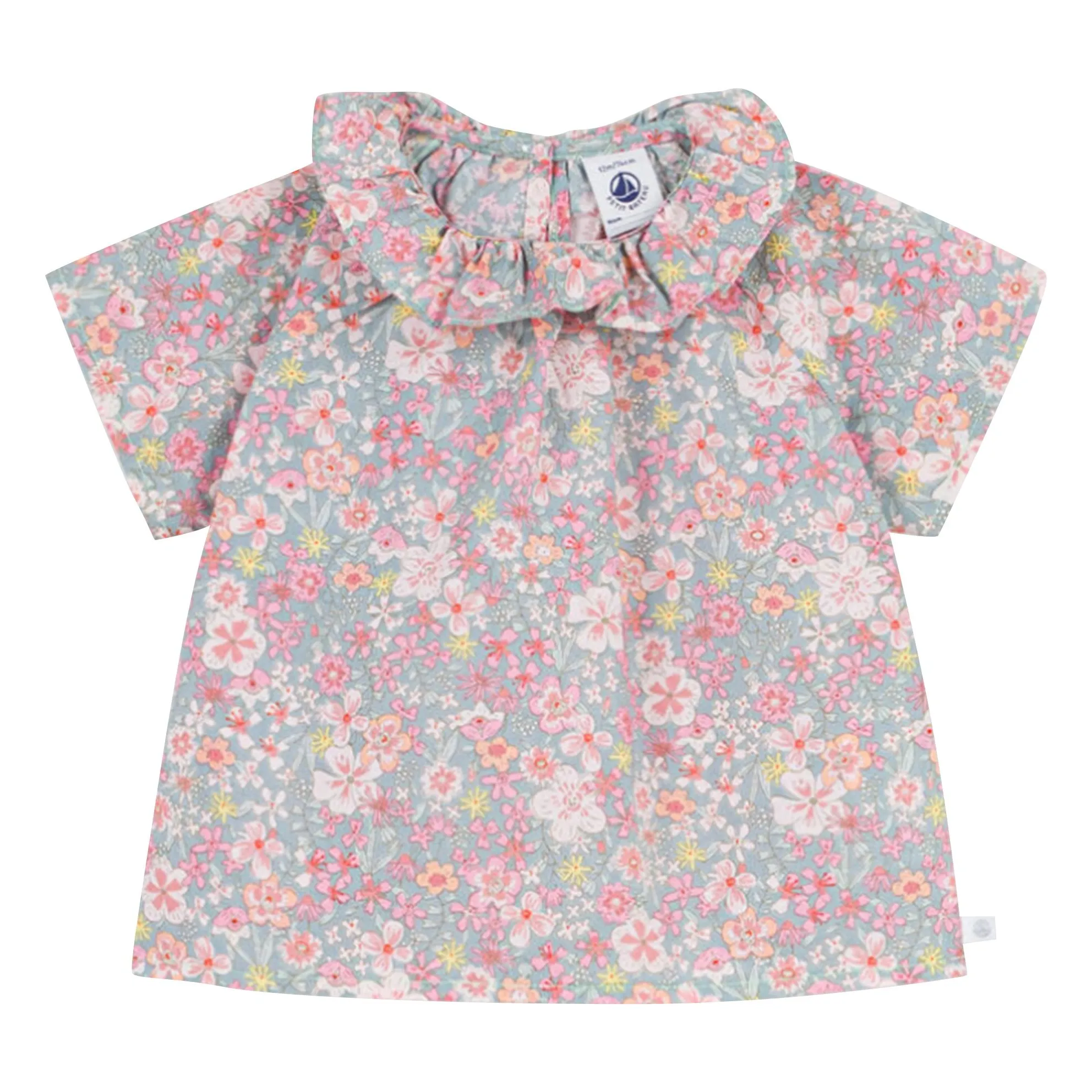 Petit Bateau Girls Turquoise Blouse Collerette Fleurie Coton Bio
