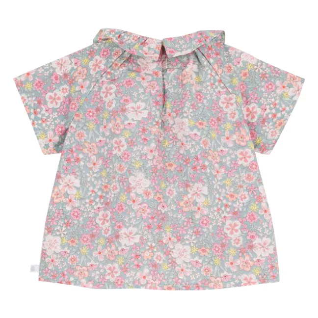 Blouse Collerette Fleurie Coton Bio | Turquoise