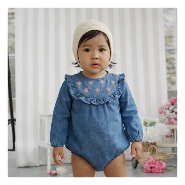 Barboteuse Brodée Bérénice Tencel Coton Bio | Bleu jean