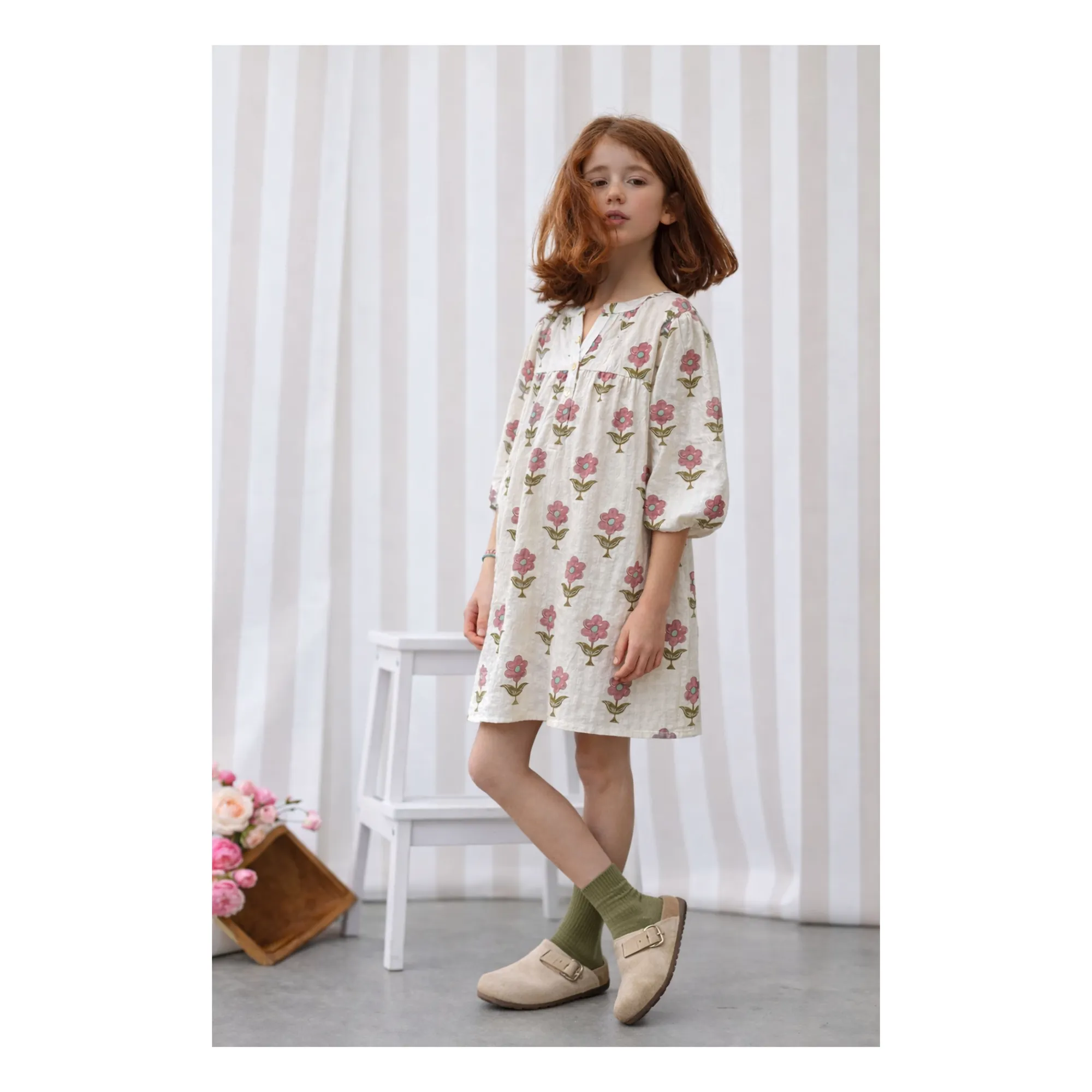 Robe Romy Fleurs Seersucker Coton Bio | Ecru- Image produit n°1