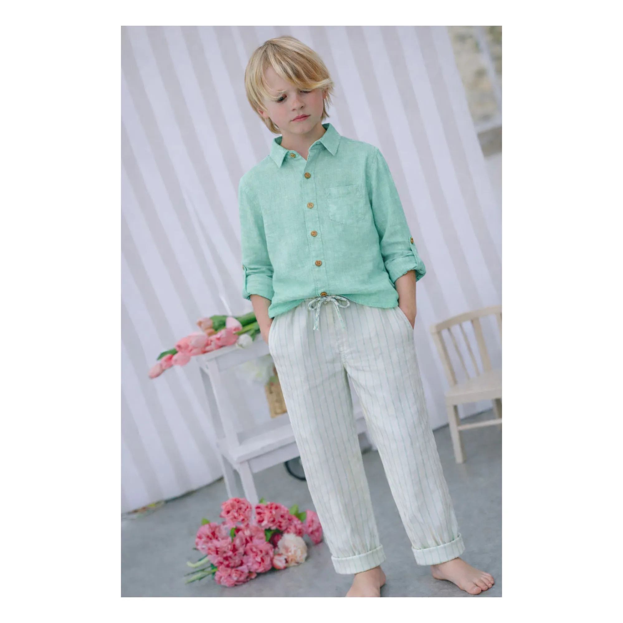 Pantalones Paul de algodón orgánico y sarga a rayas | Verde Menta- Imagen del producto n°1