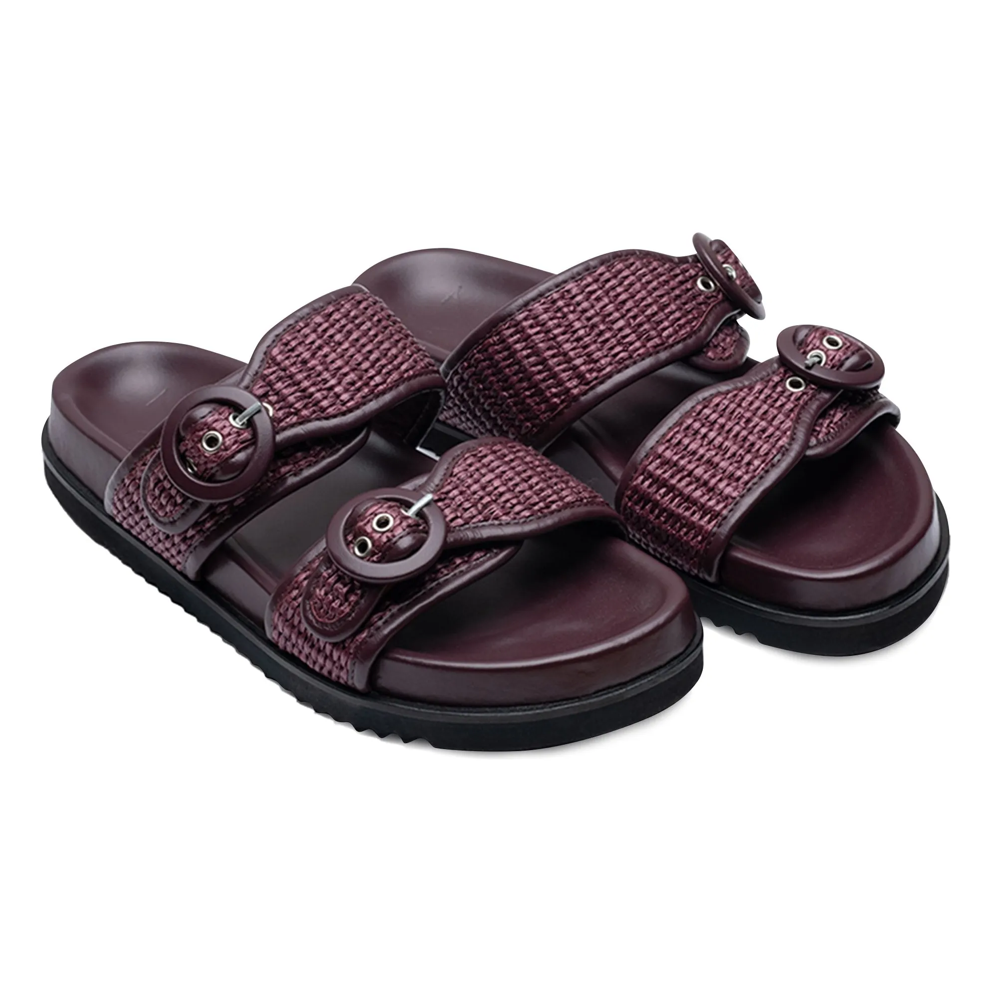 Sandales Double Boucles Cuir et Raphia | Lie de vin- Image produit n°1