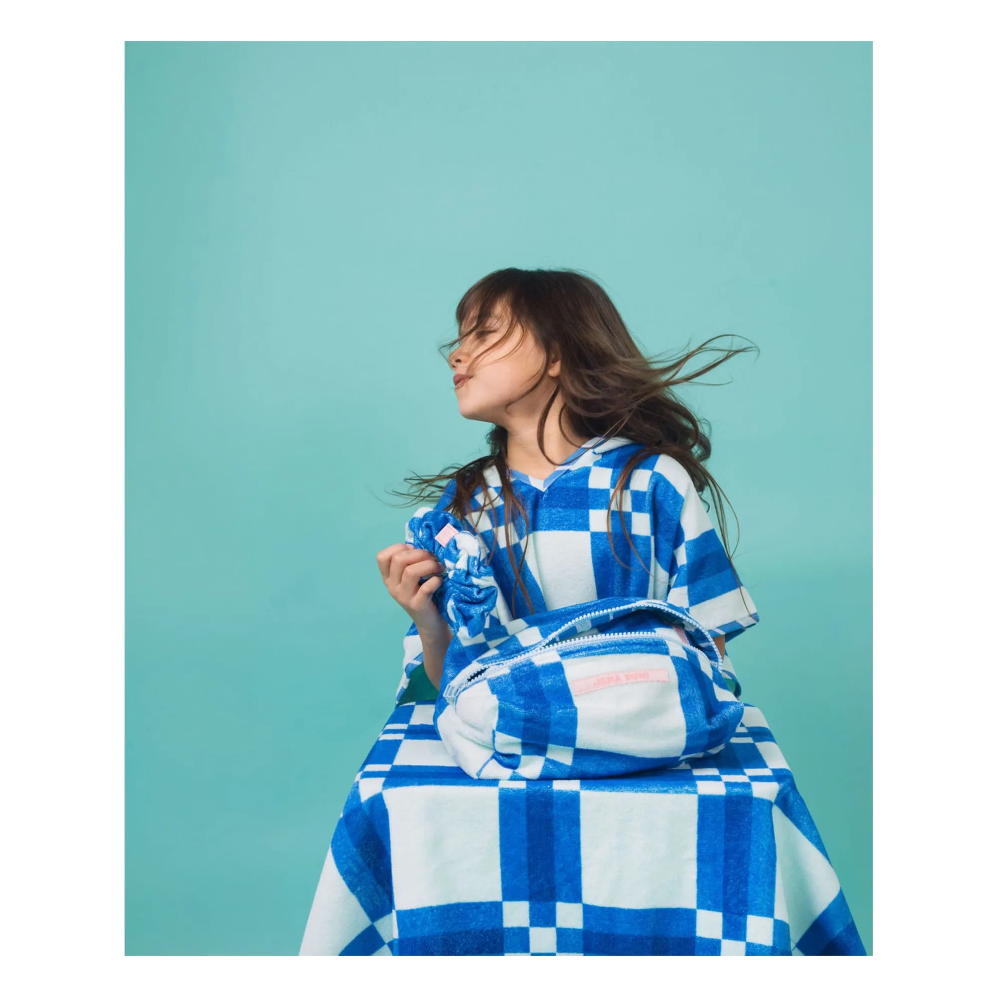 Poncho de Bain Carreaux Eponge  | Bleu- Image produit n°5