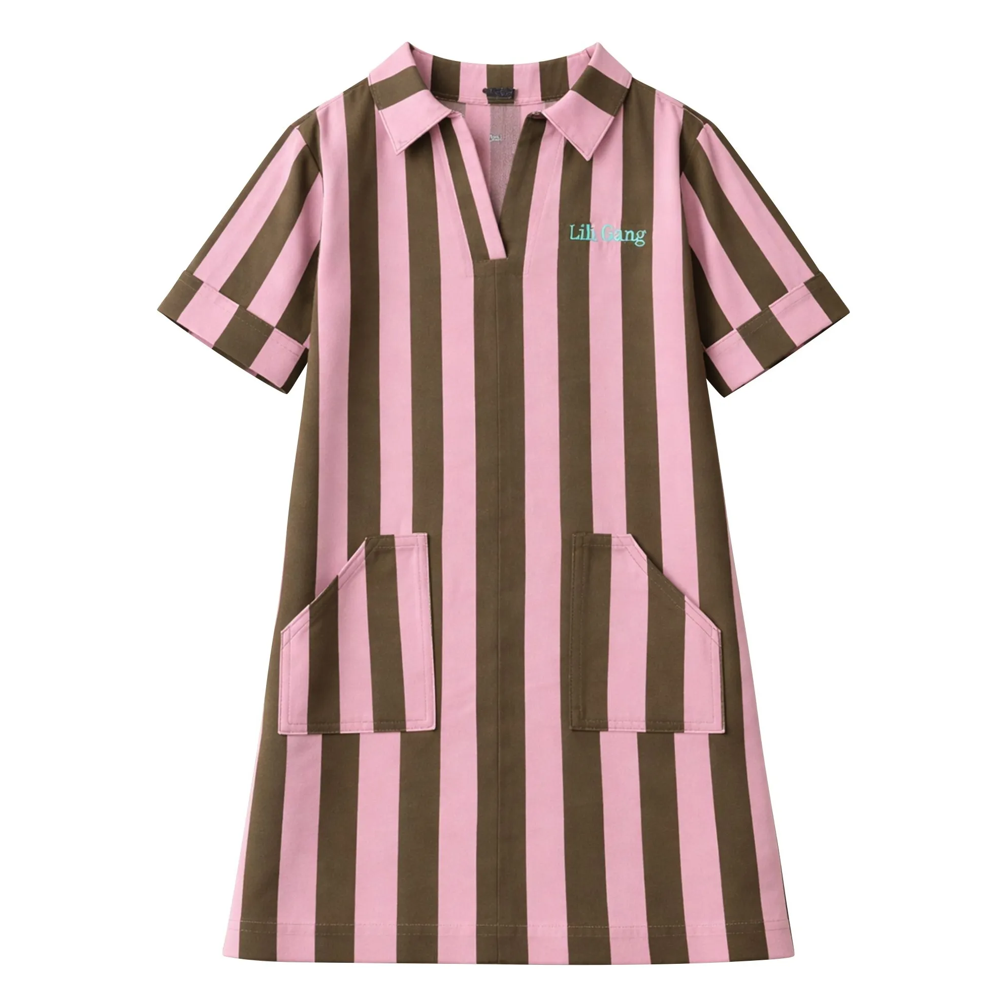 Vestido Romane de sarga de rayas de algodón orgánico | Olive- Imagen del producto n°0