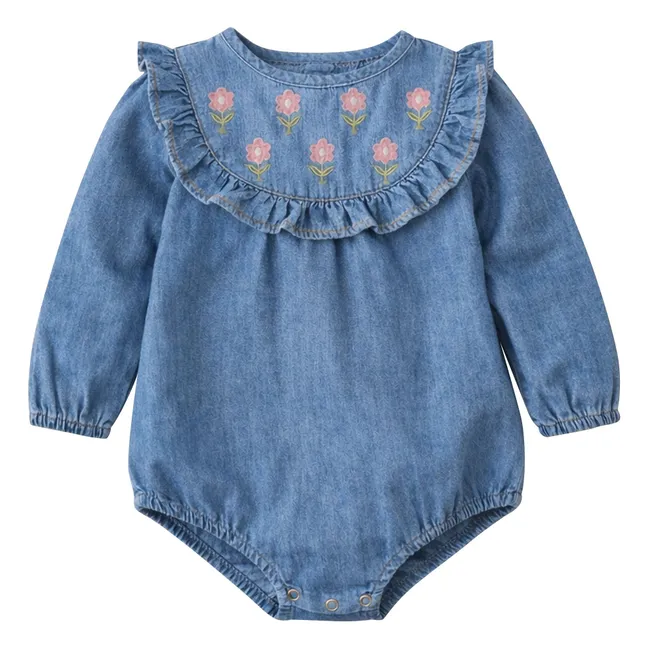 Barboteuse Brodée Bérénice Tencel Coton Bio | Bleu jean