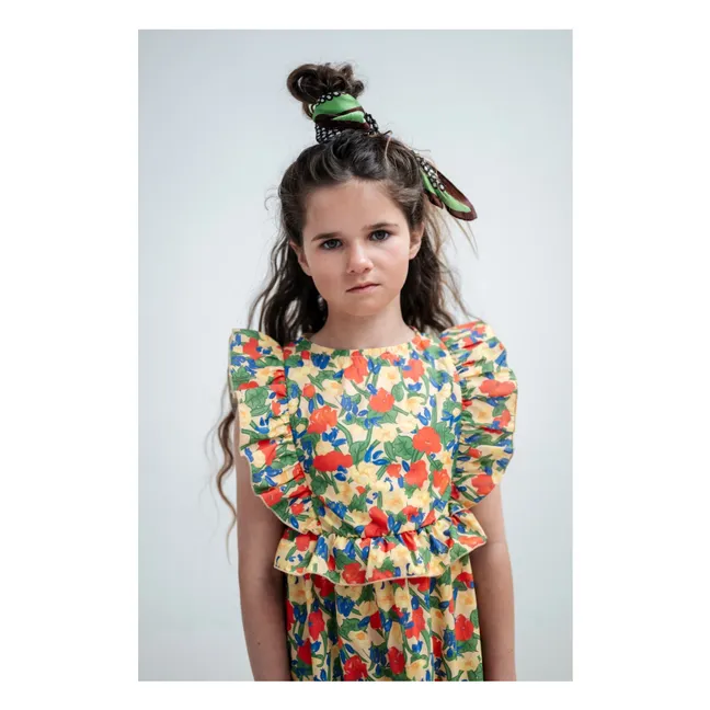 Vestido floral de algodón orgánico con volantes | Amarillo palo