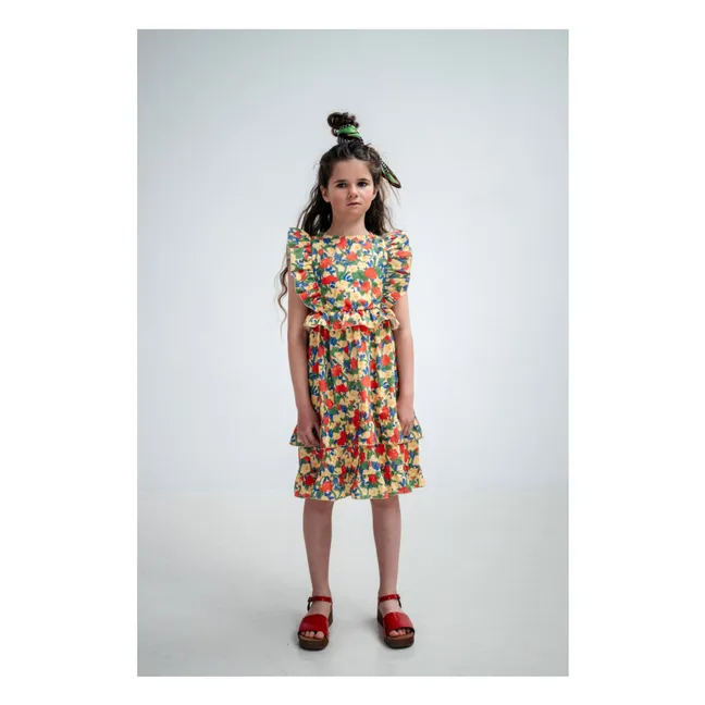 Vestido floral de algodón orgánico con volantes | Amarillo palo