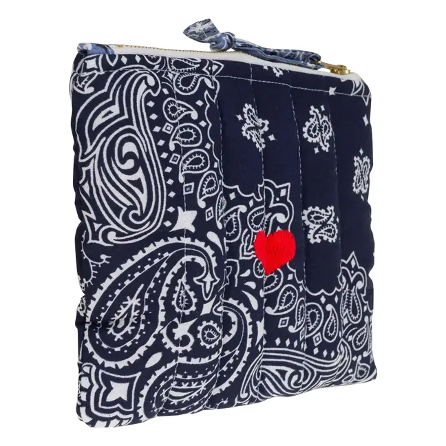 Mini Pochette Zippée Matelassé Coeur | Bleu marine