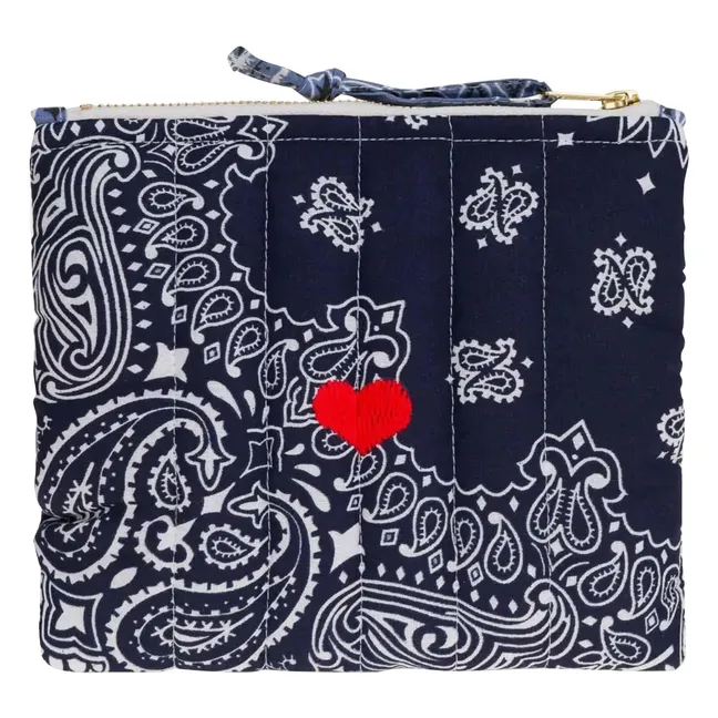Mini Pochette Zippée Matelassé Coeur | Bleu marine