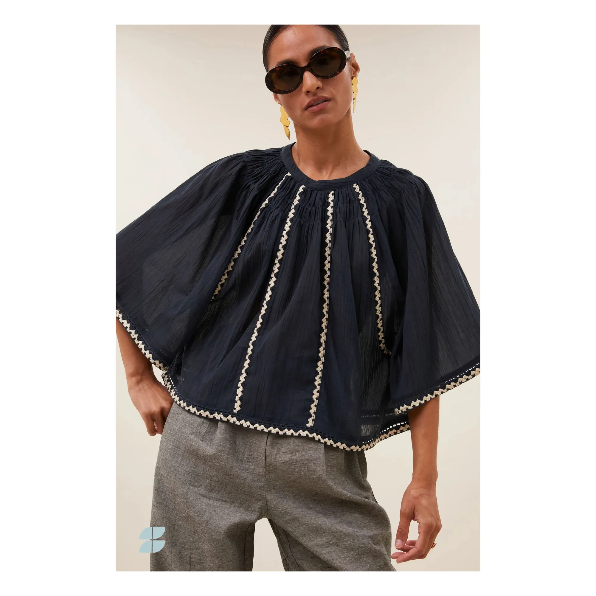 Blouse Emmi Brodée Coton Bio | Charbon- Image produit n°1