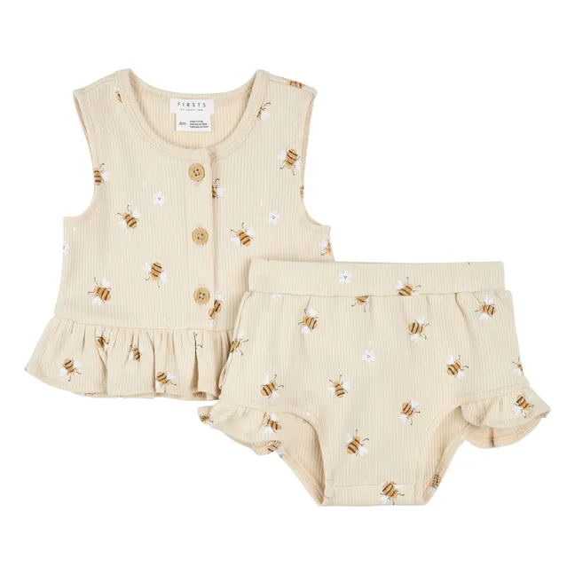 Conjunto de top y pantalón corto Bee de algodón orgánico acanalado | Beige