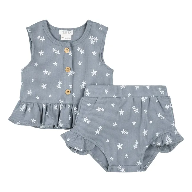 Ensemble Top et Short Etoiles de Mer Côtelé Coton Bio | Bleu gris