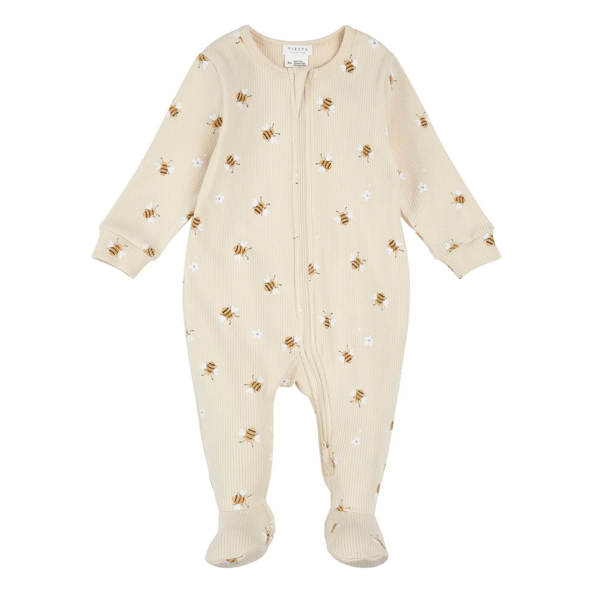 Petit Lem Beige Pyjamas With Feet Ribbed Bees Organic Cotton
