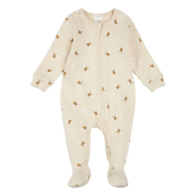 Pyjama mit Füßen Bienen gerippt Bio-Baumwolle | Beige