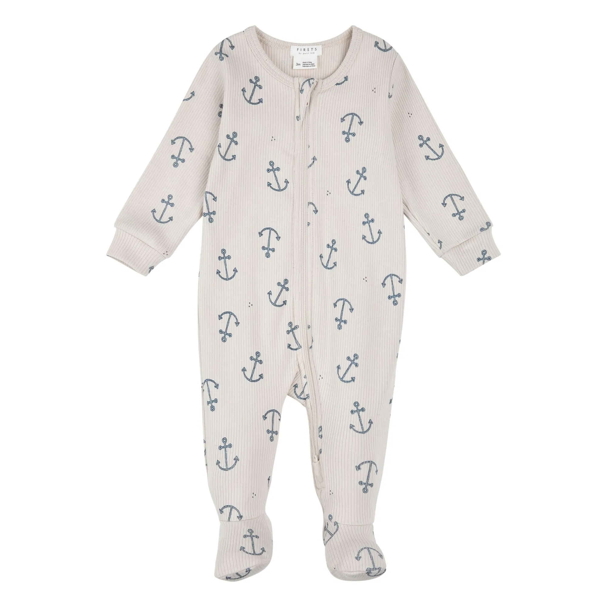 Petit Lem Beige Pyjamas With Feet Anchors Ribbed Organic Cotton
