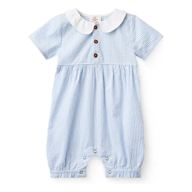 Mono con cuello Peter Pan de algodón orgánico Seersucker a rayas | Azul Cielo