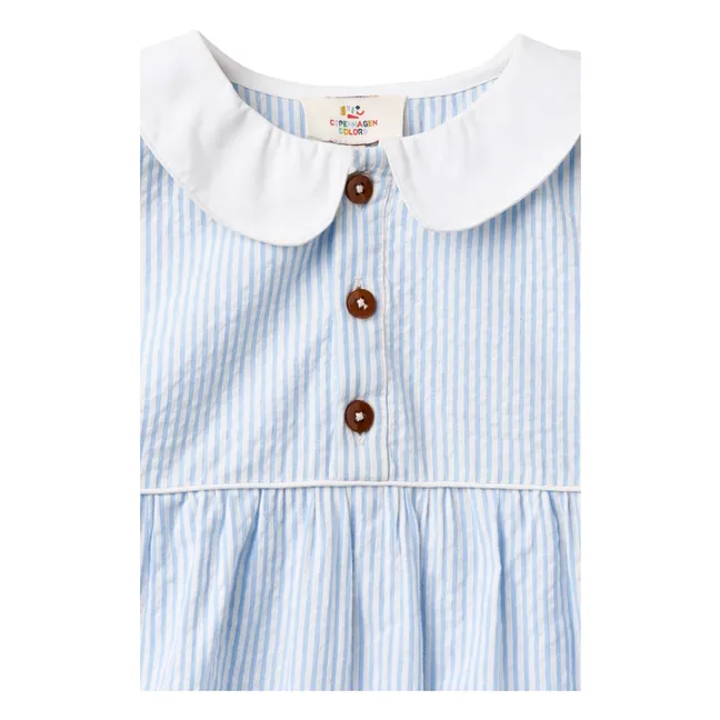Mono con cuello Peter Pan de algodón orgánico Seersucker a rayas | Azul Cielo