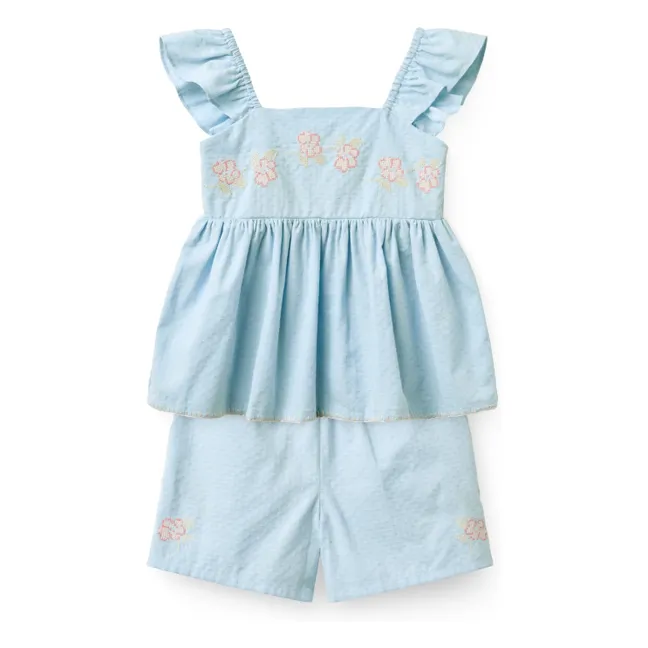 Conjunto de verano de top y pantalón corto de algodón orgánico a rayas | Azul Claro