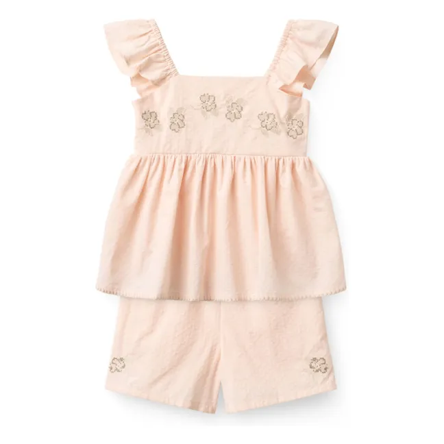 Conjunto de verano de top y pantalón corto de algodón orgánico a rayas | Rosa Litchi