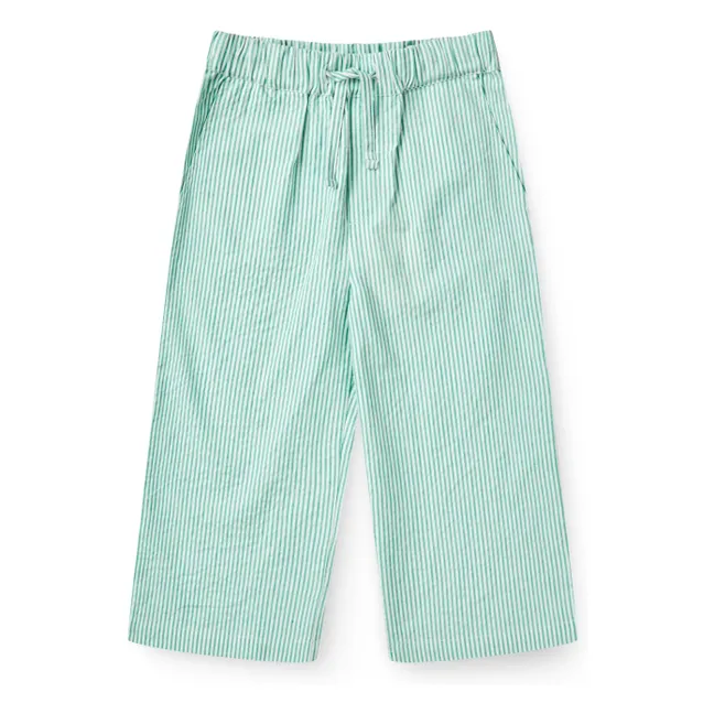 Pantalón de algodón orgánico Seersucker a rayas con cordón | Turquoise