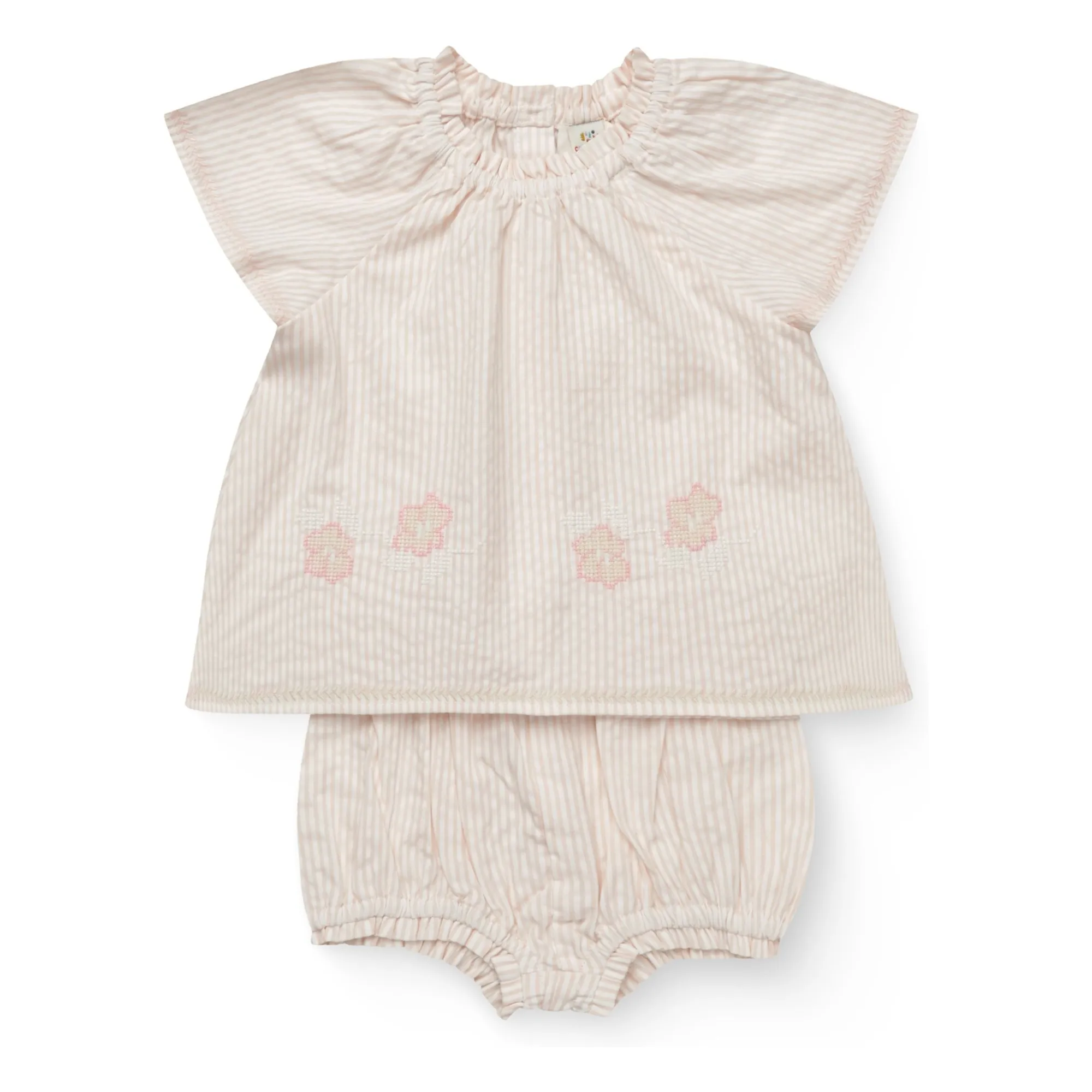Copenhagen Colors Pale Pink Striped Seersucker Organic Cotton Blouse And Bloomer Set