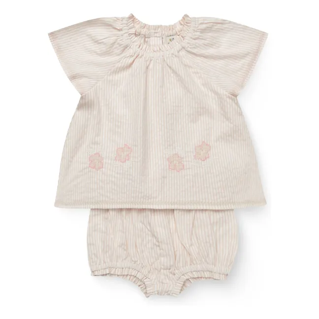 Conjunto de blusa y bombacho de rayas Seersucker Algodón orgánico | Rosa Pálido
