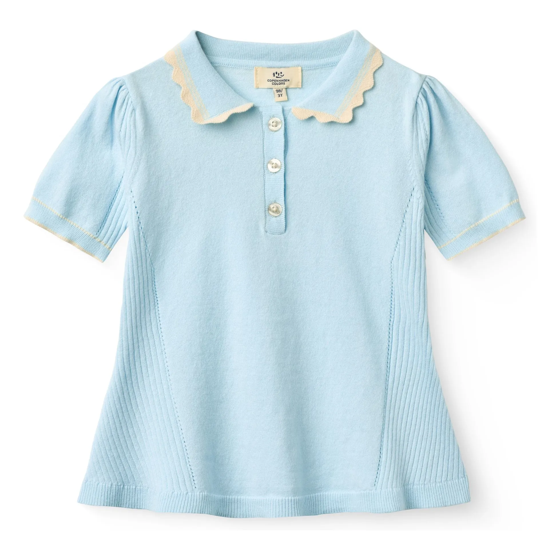 Copenhagen Colors Ice Blue Organic Cotton Knit Scalloped Polo Shirt