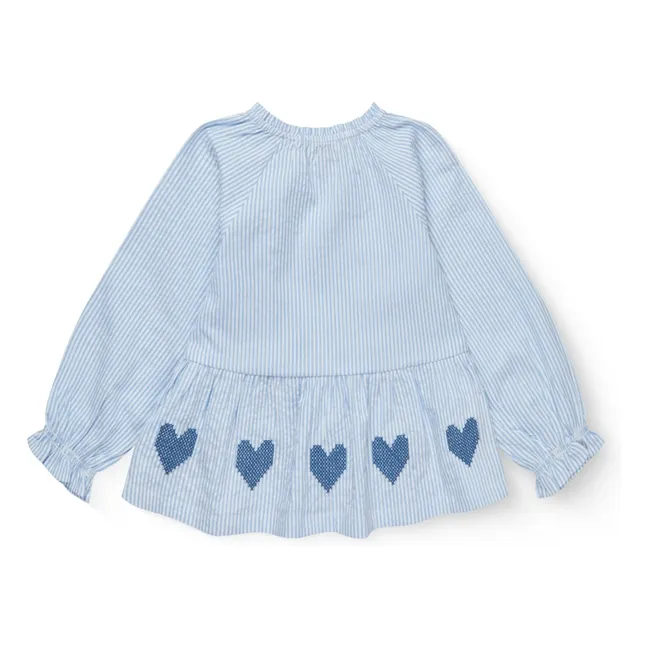 Blouse Brodée Rayée Seersucker Coton Bio | Bleu ciel