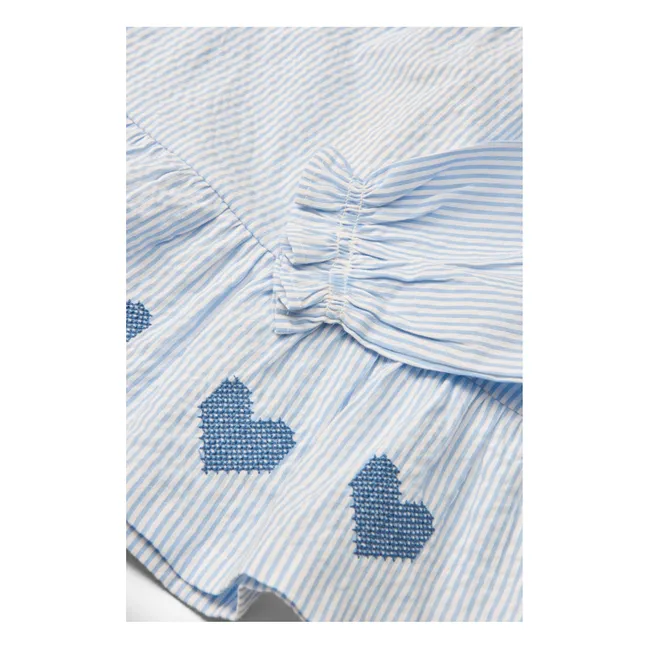 Blusa bordada a rayas Seersucker Algodón orgánico | Azul Cielo