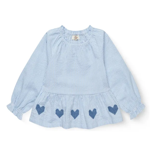 Blusa bordada a rayas Seersucker Algodón orgánico | Azul Cielo