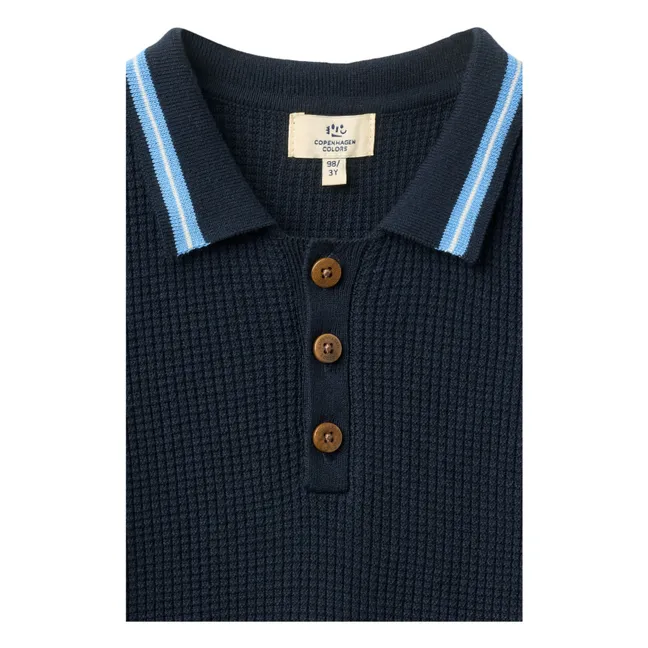 Polo acanalado de rayas en contraste Algodón orgánico | Azul Marino