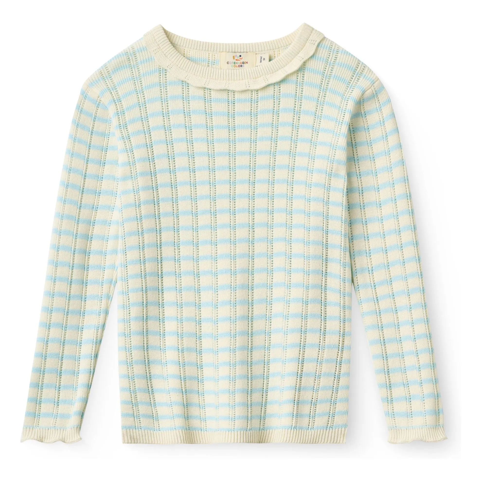 Copenhagen Colors Light Blue Pointelle Striped Organic Cotton Mesh T-Shirt