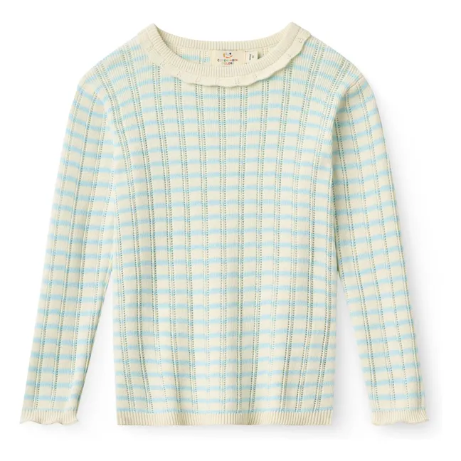 Pointelle Striped Organic Cotton Mesh T-shirt | Light Blue