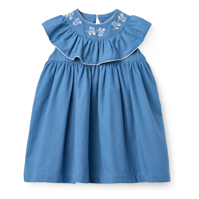 Vestido con cuello bordado de algodón orgánico | Azul