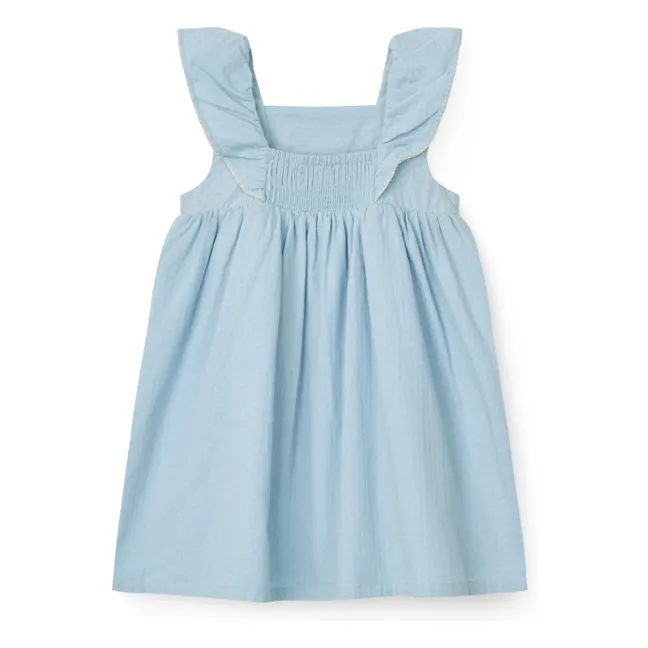 Robe Brodée Oiseaux Coton Bio | Bleu Clair