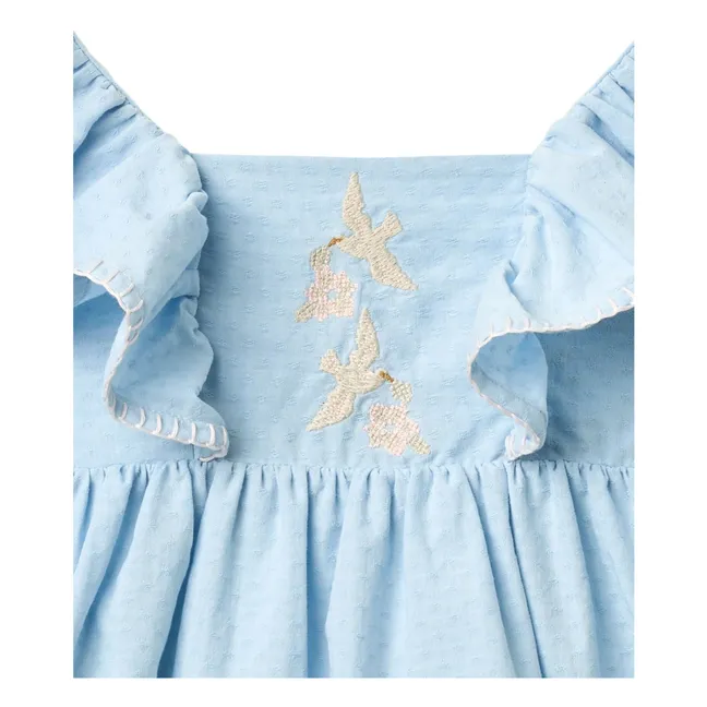 Robe Brodée Oiseaux Coton Bio | Bleu Clair