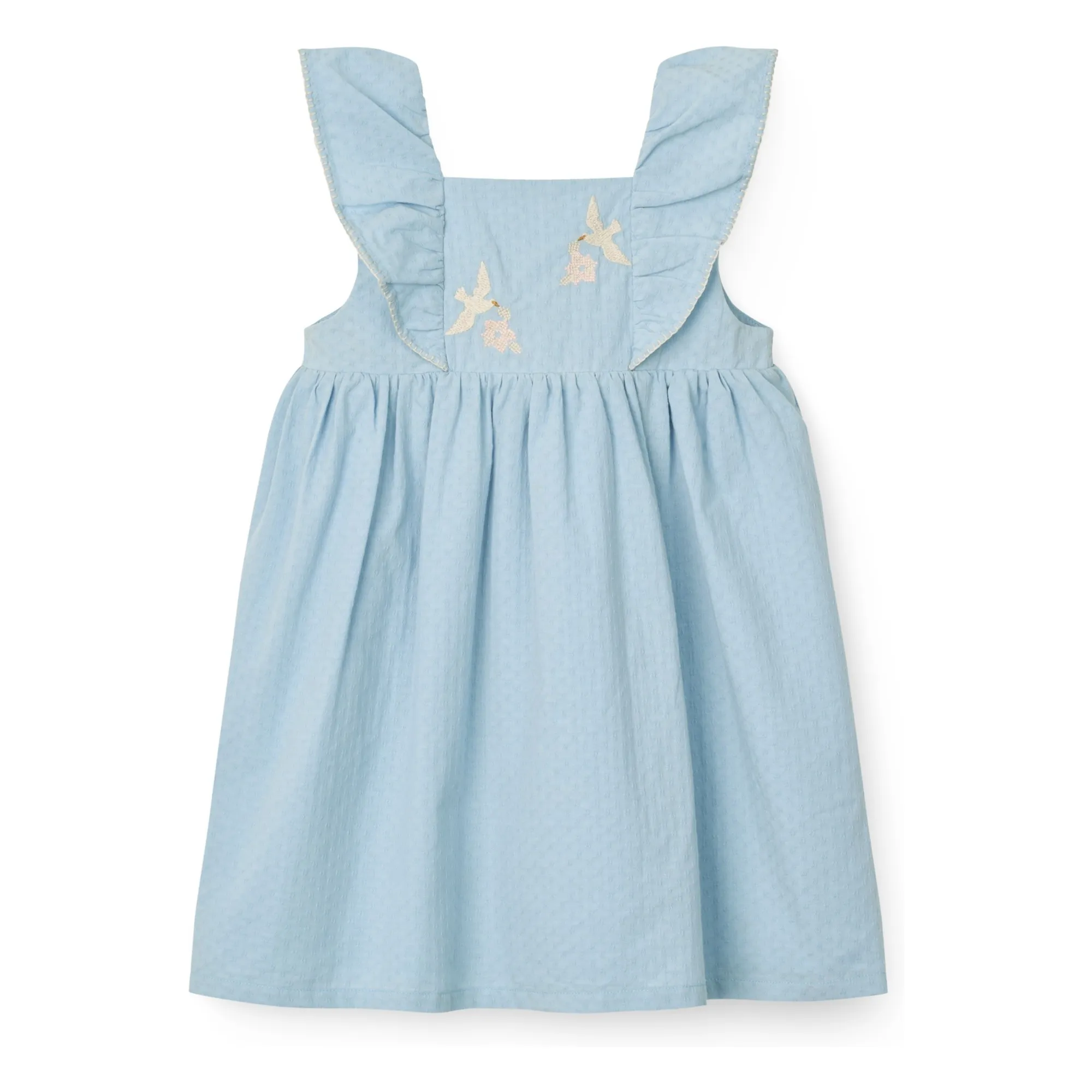 Robe Brodée Oiseaux Coton Bio | Bleu Clair- Image produit n°0