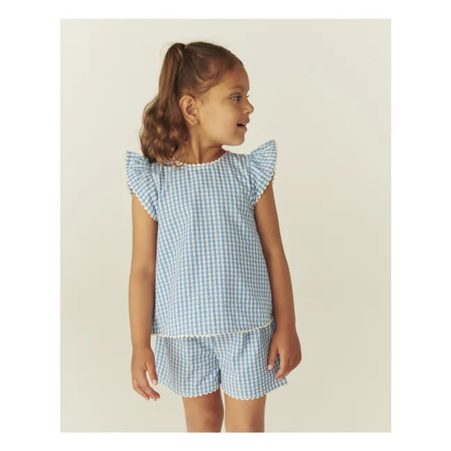 Conjunto de top y pantalón corto de algodón ecológico Pied de Poule | Azul