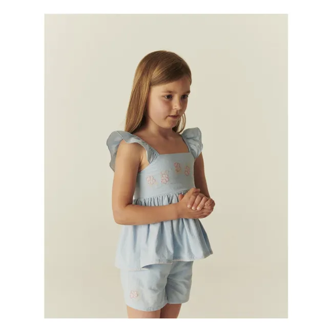 Conjunto de verano de top y pantalón corto de algodón orgánico a rayas | Azul Claro