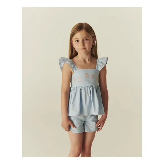 Conjunto de verano de top y pantalón corto de algodón orgánico a rayas | Azul Claro