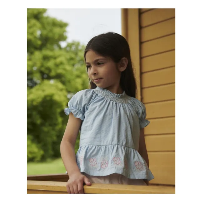 Blusa fruncida de algodón orgánico | Azul Claro