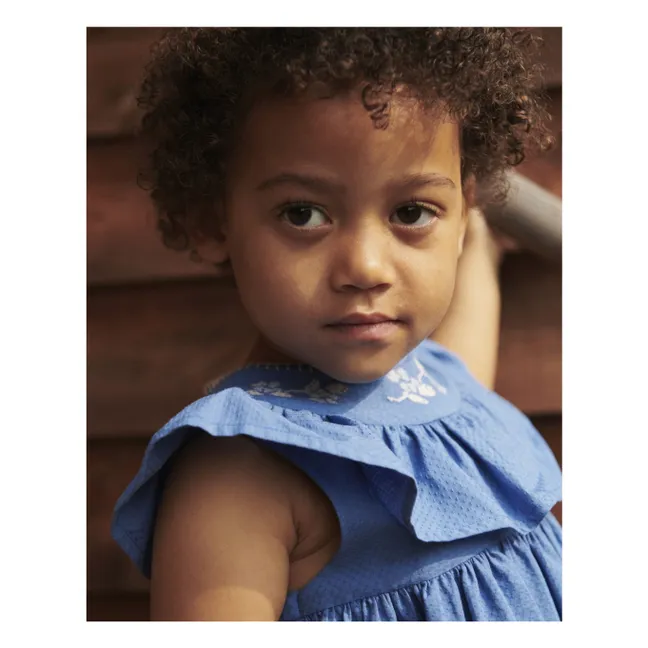 Vestido con cuello bordado de algodón orgánico | Azul